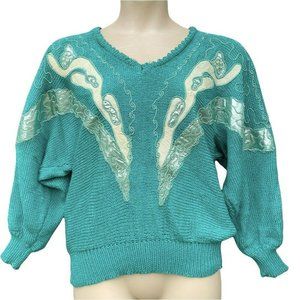 VTG 80s 90s Teal Metallic Embellished Gold Batwing Turtleneck Sweater Glam Retro